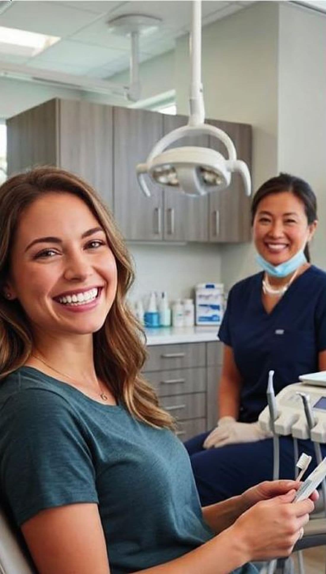 Smiling patient with a dental team member